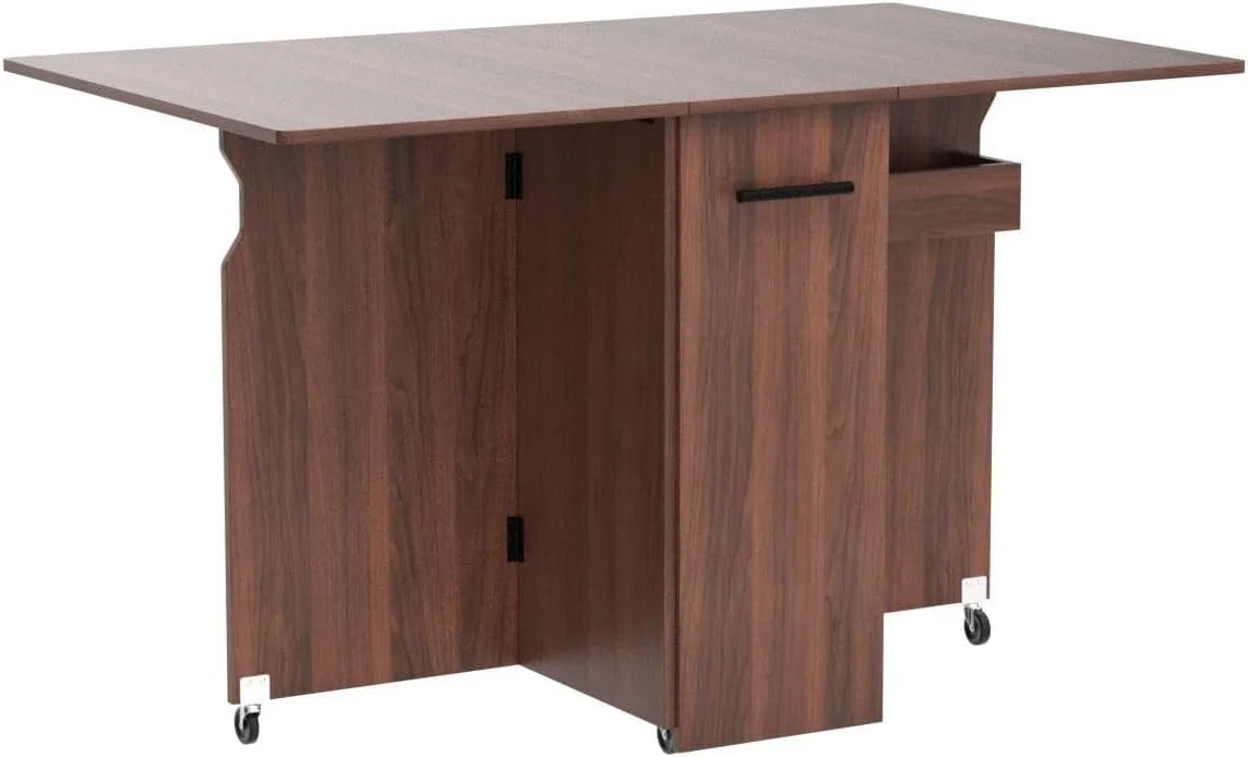 Folding Drop Leaf Dining Table with Wheels and 3 Storage Shelves Brown M88493
