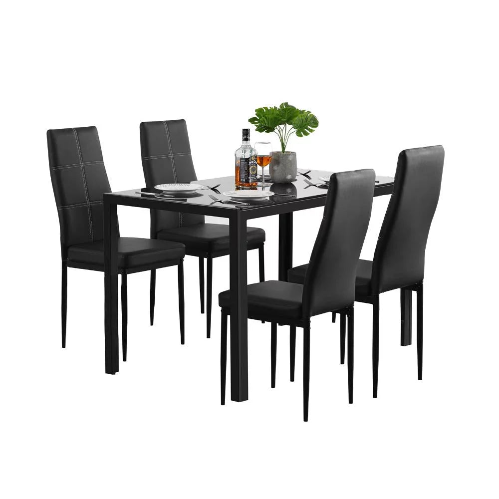 5 Piece Glass Dining Table Set with 4 Leather Chairs Z978495