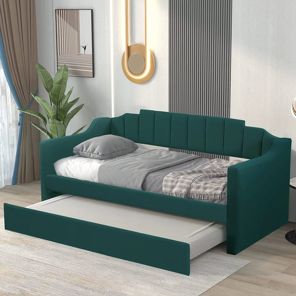 Green Upholstered Tufted Daybed with Trundle J180