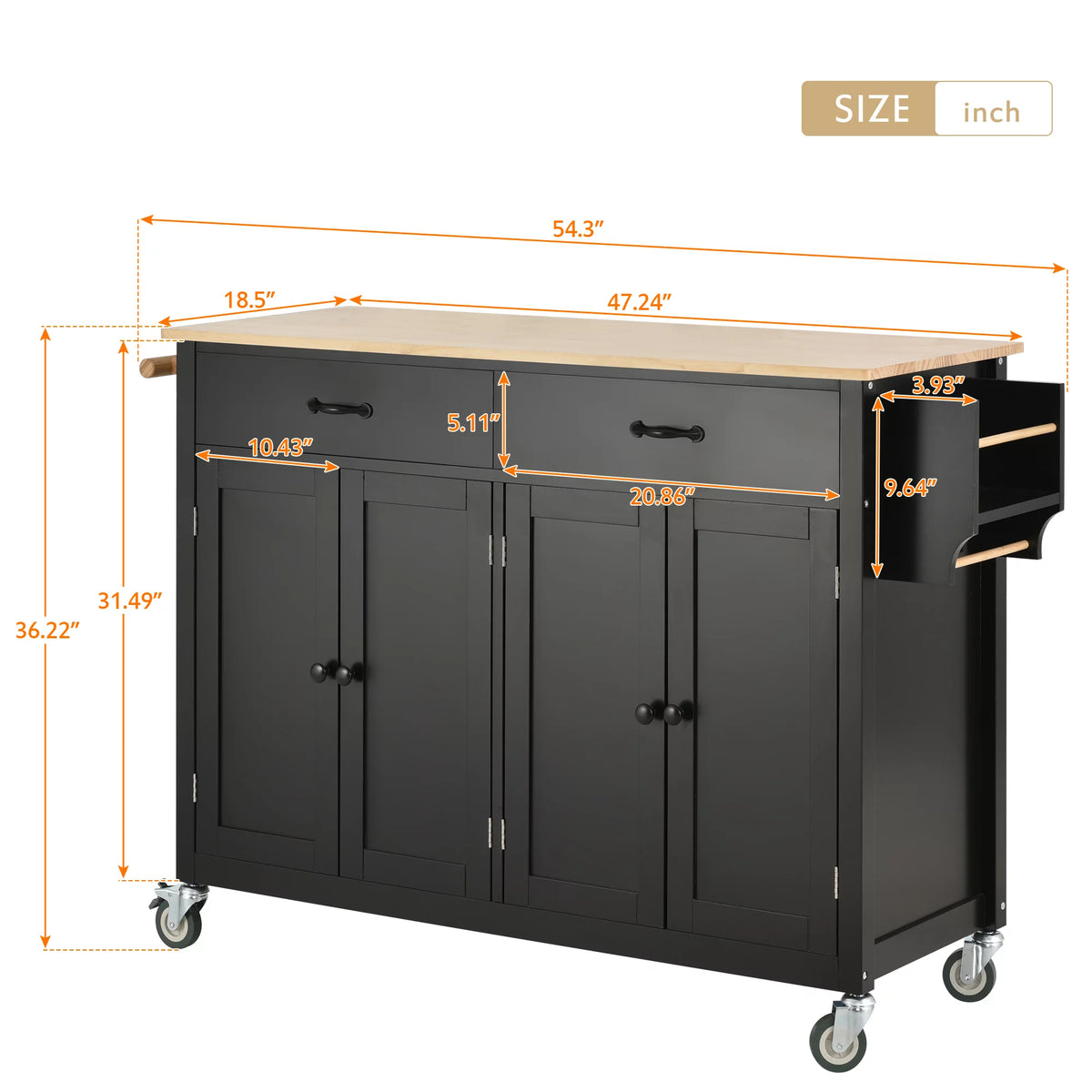Black Kitchen Island Cart with 4-Door Cabinets and 2 Drawers E28738