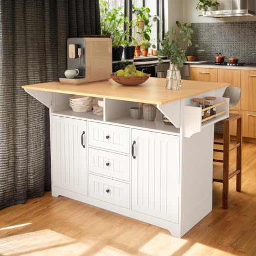 Black Kitchen Island with 2 Drop Leaf, 3 Drawers, Storage Cabinet E3532