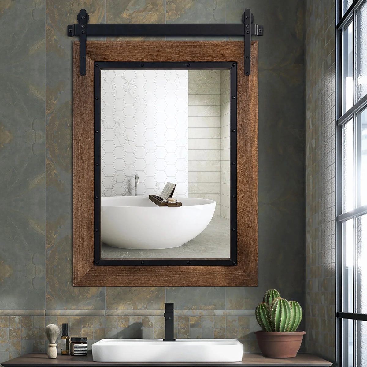 40"x30" Rustic Wood Frame Wall Mirror L8718