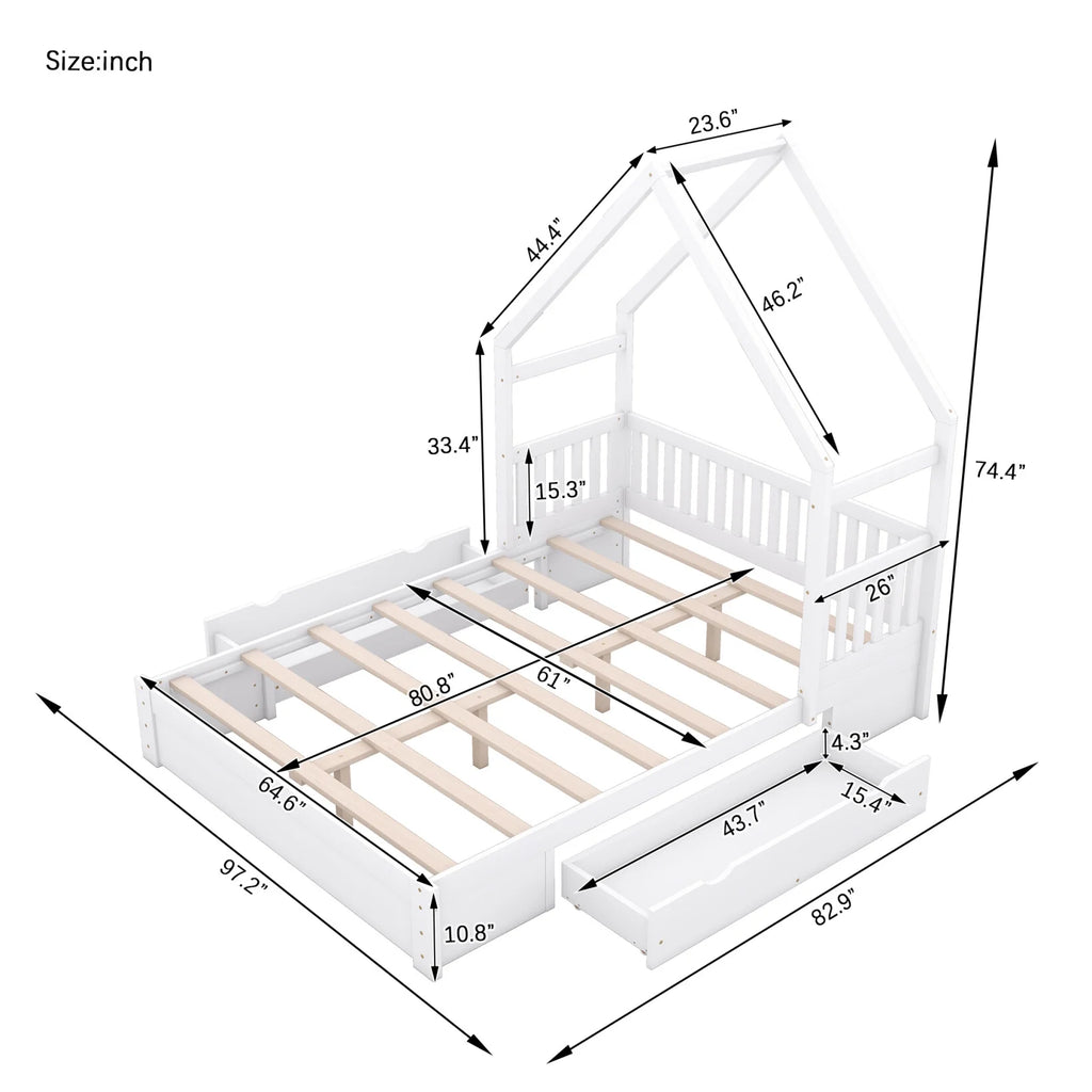 Queen Size Wood Platform Bed Frame with Guardrail and 2 Storage Drawers V942