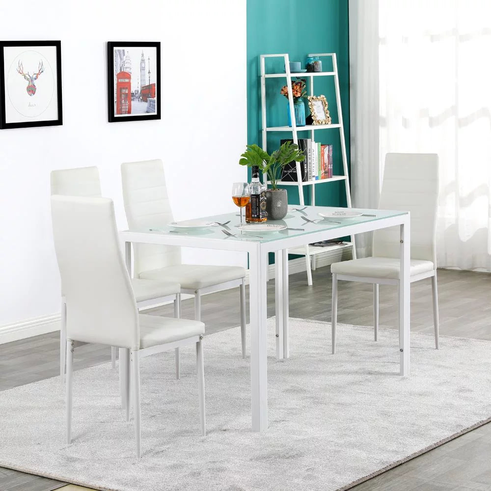 5 Piece Glass Dining Table Set with 4 Leather Chairs Z978495