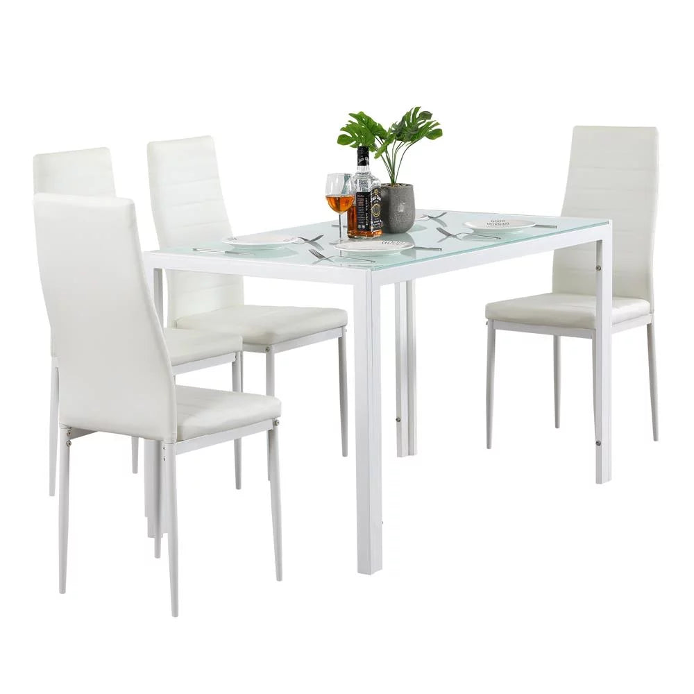 5 Piece Glass Dining Table Set with 4 Leather Chairs Z978495