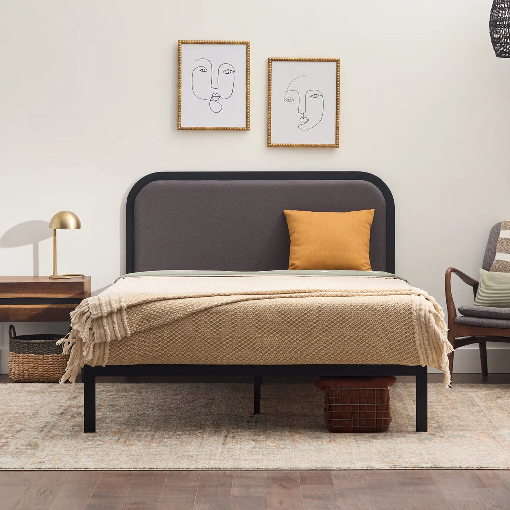Queen Cream Metal Platform Bed with Upholstered Headboard W295