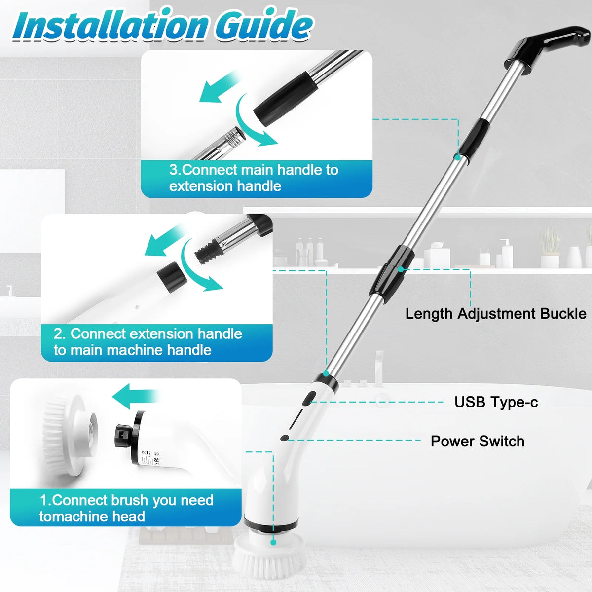 Cordless Electric Spin Scrubber with 8 Replaceable Brush Heads V628