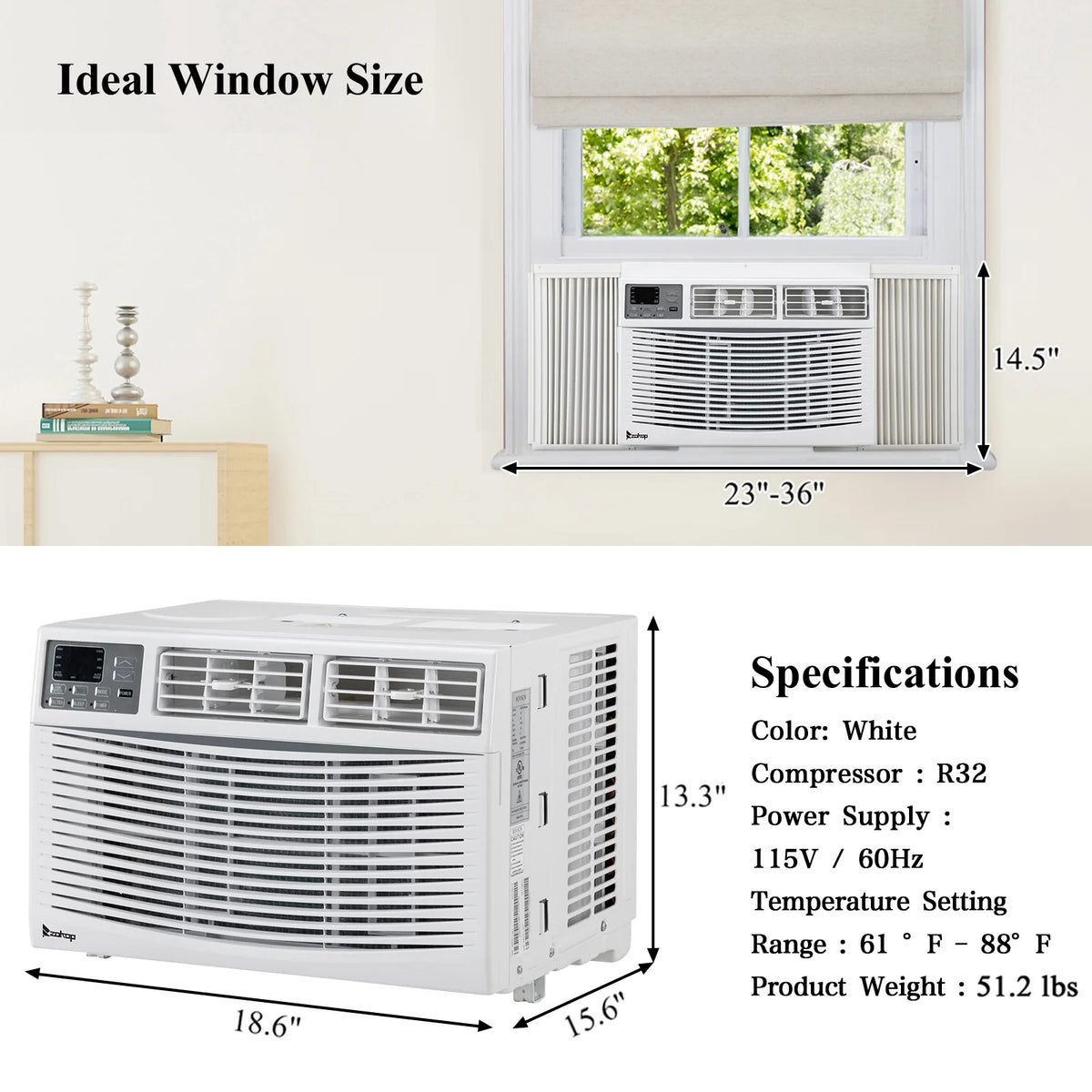 8000BTU White Window-Mounted Compact Air Conditioner with Remote Control U30336