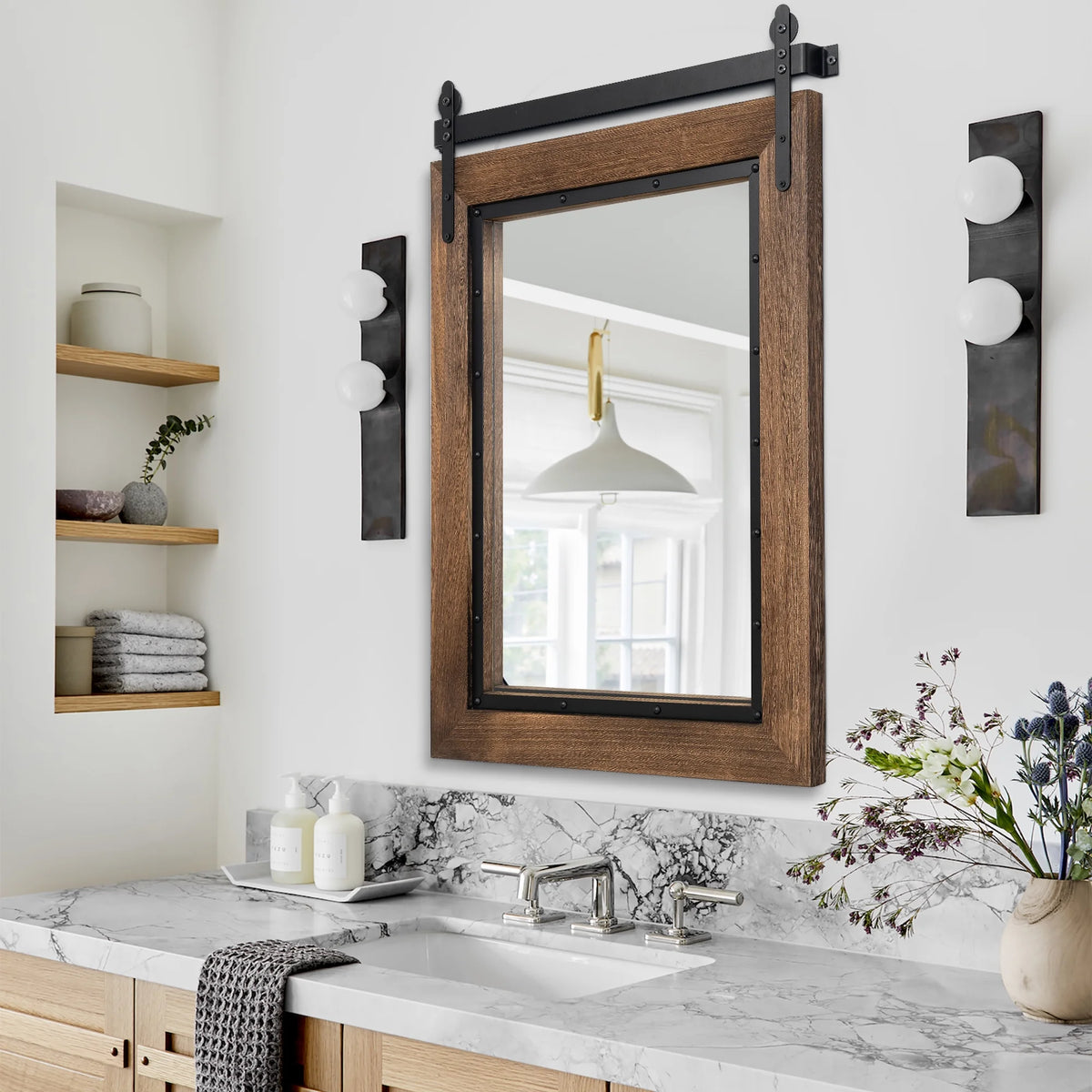 40"x30" Rustic Wood Frame Wall Mirror L8718